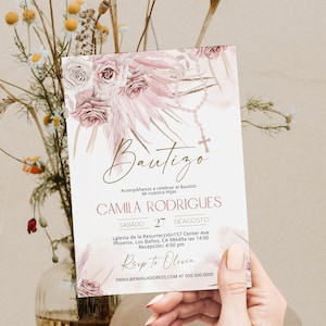 Pink boho floral baptism invitation, spanish baptism invite, girl bautizo invite, invitaciones de bautizo, editable religious invite, P64