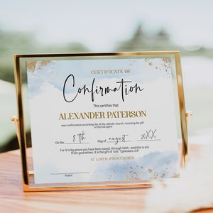 Blue gold confirmation certificate template, boy religious certificate, baptism dedication certificate, editable church form certificate B2b