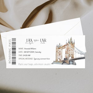 Editable boarding plane ticket, boarding pass gift ticket to london, flight gift voucher template, birthday print surprise trip voucher