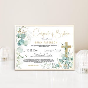 Eucalyptus baptism certificate with cross template, christening certificate, printable certificate of baptism, baptism church forms B021