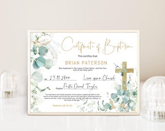 Eucalyptus baptism certificate with cross template, christening certificate, printable certificate of baptism, baptism church forms B021