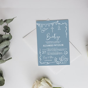 Angel invitaciones de bautizo digitales, spanish boy baptism invite, hand drawn baptism invite, editable religious invite, mi bautizo, P299