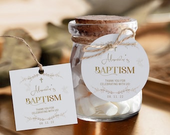 Editable gold elegant baptism favor tags, round thank you tag template, angel baptism thank you, gold christening gift tags circle favor B6