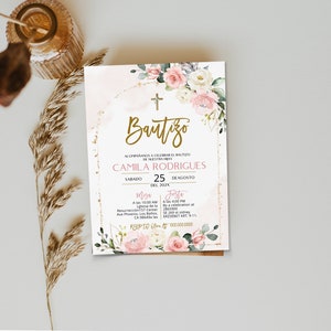 Mi bautizo invitation, invitaciones de bautizo digitales, spanish baptism invitation, pampas grasses bautizo, editable religious invite P169