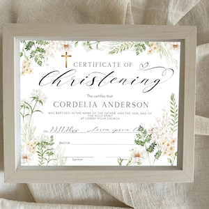 Wildflower christening certificate, printable baptism certificate, confirmation certificate template, editable religious certificate, P333
