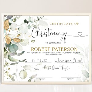 Greenery christening certificate template, editable baptism certificate, green gold church certificate, child dedication certificate, P52