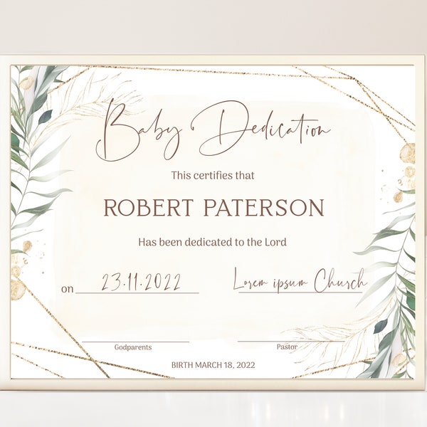 Greenery baby dedication certificate template, child dedication certificate, printable baptism certificate, delicate baby certificate B012