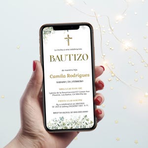 Greenery baptism invitation in spanish template, bautizo invitación, electronic baptism evite, editable christening evite, green gold P319