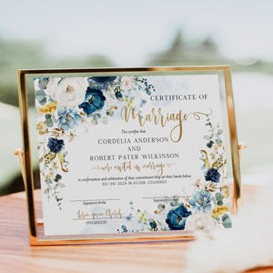 Floral wedding certificate template, blue flowers marriage certificate keepsake, modern certificate of marriage, wedding keepsake, P312