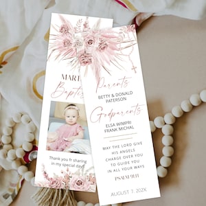 Boho baptism bookmark with photo, first communion bookmark template, pampas grass baptism favor keepsake, editable christening bookmark  P64
