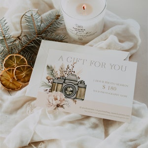 Photography gift certificate template, printable boho coupons photographer gift card, editable bohemian photo session voucher