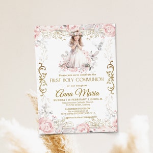 First holy communion invitation, girl 1st holy communion invite template, first communion card, printable religious baptism invite, P223