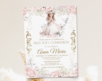 Peut inclure: Une invitation de Première Communion avec une illustration à l'aquarelle d'une fille en robe blanche et couronne de fleurs. L'invitation comprend le texte "FIRST HOLY COMMUNION de notre fille Anna Maria."