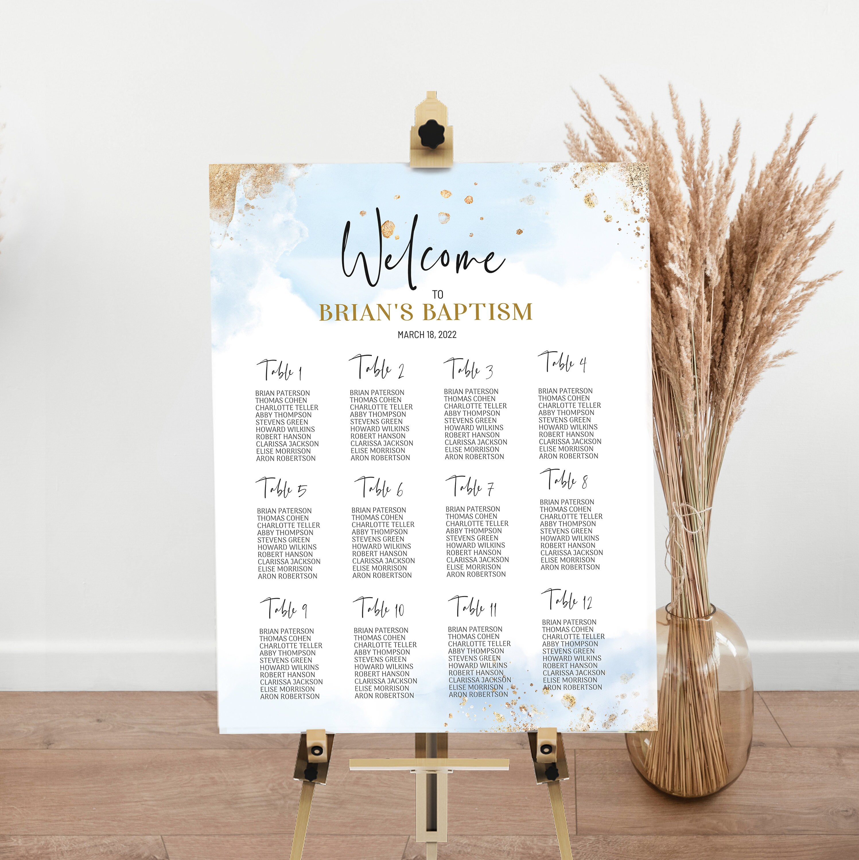 Blue Gold Baptism Seating Chart Template Boy Baptism Welcome - Etsy