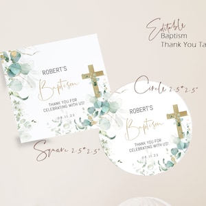 Baptism favor tags template, greenery thank you stickers, eucalyptus religious favor tags, gold cross, green gold christening tag B021