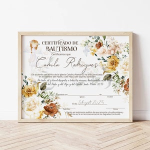Certificado de bautismo, editable baptism certificate template, floral spanish сhristening certificate, printable bautizo certificate, P59
