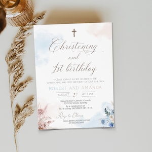 Twins christening and 1st birthday invitation template, blue pink floral birthday invitation, editable twins boy girl baptism invite, P141