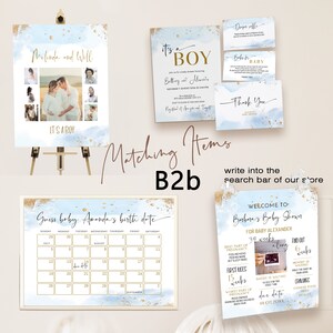 May include: Blue and gold baby shower decorations with a watercolour background. The decorations include a welcome sign, a guess the baby's birth date calendar, and a set of cards for a diaper raffle, baby book, and thank you.