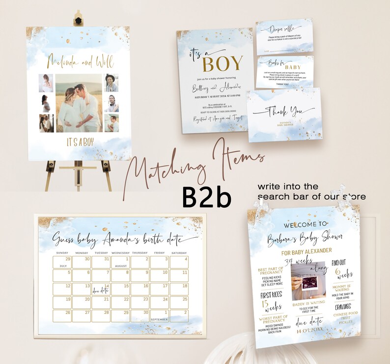 May include: Blue and gold baby shower decorations with a watercolour background. The decorations include a welcome sign, a guess the baby's birth date calendar, and a set of cards for a diaper raffle, baby book, and thank you.