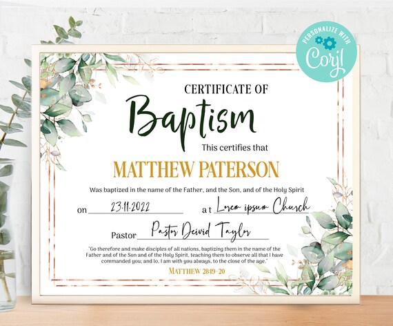 Editable greenery baptism certificate template, custom certificate of baptism printable, christening certificate, baby baptism gift - B003 Il_570xn