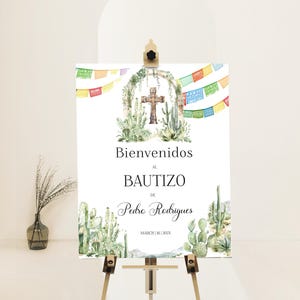 Bienvenido al de bautizo welcome sign, spanish bautizo welcome sign template, editable greenery religious welcome sign, mexican theme, P287