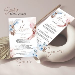 Pink and blue flower menu card template, editable menu card, christening menu, first communion baptism menu, printable dinner menu card P141