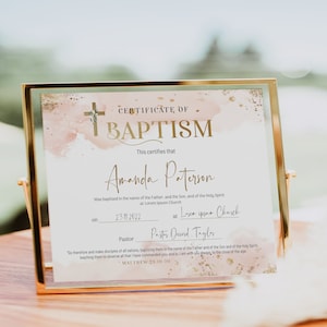 Pink gold baptism certificate template, editable christening certificate, baptism certificate, printable religious certificate, B2p