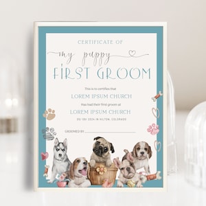 Editable my first grooming certificate, dog grooming certificate, first groom certificate template, dog grooming salon business forms,