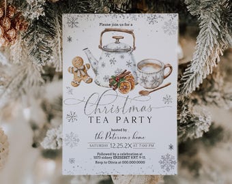 Christmas Tea Party Invitation, Holiday Dinner Invite, Cookies and Tea, Editable Template, Printable P268
