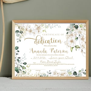 Certificate of dedication, greenery dedication certificate template, editable christening certificate, printable green gold certificate P329