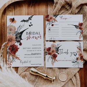 Terracotta bridal shower invitation set template, halloween bridal shower invite, recipe card thank you, halloween wedding invite set, P149