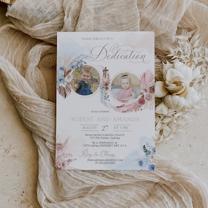 Blue pink pampas grass dedication Invitation template, joint sibling baptism photo invite, boy girl dedication party christening invite P141