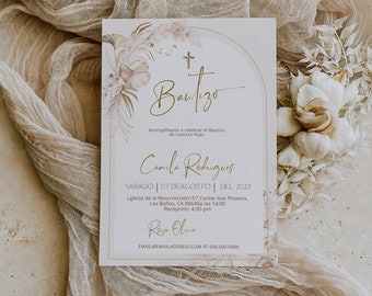Invitaciones de bautizo digitales, spanish baptism invitation, mi bautizo invitation, pampas grasses bautizo, editable religious invite B19
