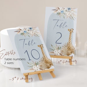 Giraffe pampas grass table numbers, boho giraffe table numbers template, gender neutral jungle baby shower, animals table numbers, P82