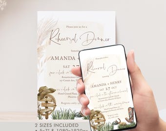 Cowboy Rehearsal Dinner Invitation, Printable Western Desert Boho Wedding Template, Country Boot Horse Hat Invite, P110