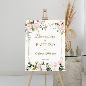 Bienvenidos al bautizo, pink floral bautizo welcome sign, editable welcome sign template, printable spanish christening welcome sign, P229