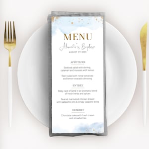 Blue gold baptism menu template, light blue dinner menu, editable blue watercolor menu, boy christening menu card, printable menu card, B2b