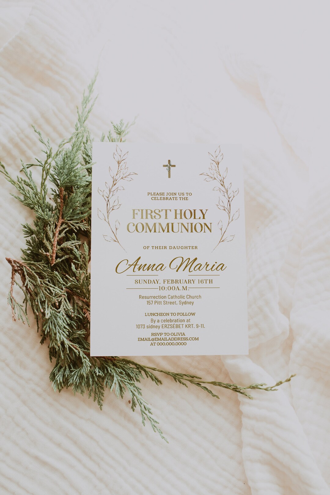 First Holy Communion Invitation, Gold First Holy Communion Invite Template, First Communion Card ...
