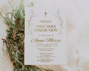 May include: A white card with gold lettering announcing a First Holy Communion for Anna Maria. The card features a gold cross and floral design. The event will take place on Sunday, February 16th at 10:00 AM at Resurrection Catholic Church in Sydney. A luncheon will follow at 1073 sidney ERZSÉBET KRT. 9-11.