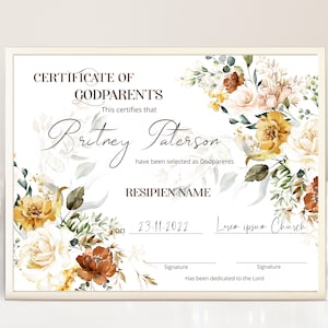 Boho baptism certificate of godparents, editable baptism certificate template, printable godparents certificate, boho church certificate P59
