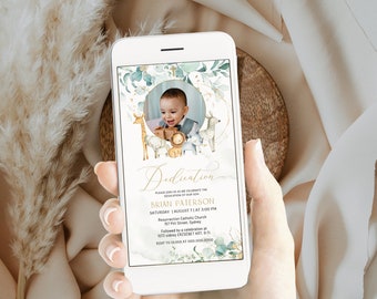 Electronic dedication invitation animals template, smart phone baptism invitation photo, electronic christening evite, safari baptism P44