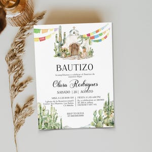 Invitaciones de bautizo digitales, spanish baptism invitation, mi bautizo invitation, mexican cactus bautizo, editable religious invite P287