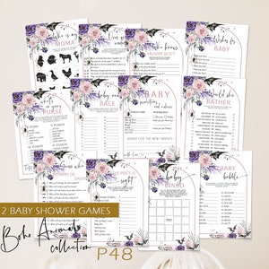 Pink purple little boo halloween baby shower games bundle template, spooky baby shower games set, girl halloween baby shower games pack P146
