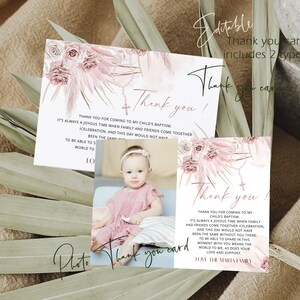 Pampas grass christening thank you cards template, boho beige baptism thank you, religious thank you note card, printable baptism card P64
