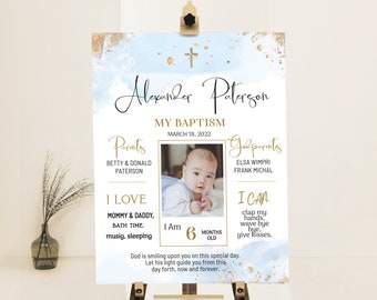 Blue gold baptism milestone template, boy baptism chalkboard sign, first communion chalkboard, christening milestone poster with photo B2b