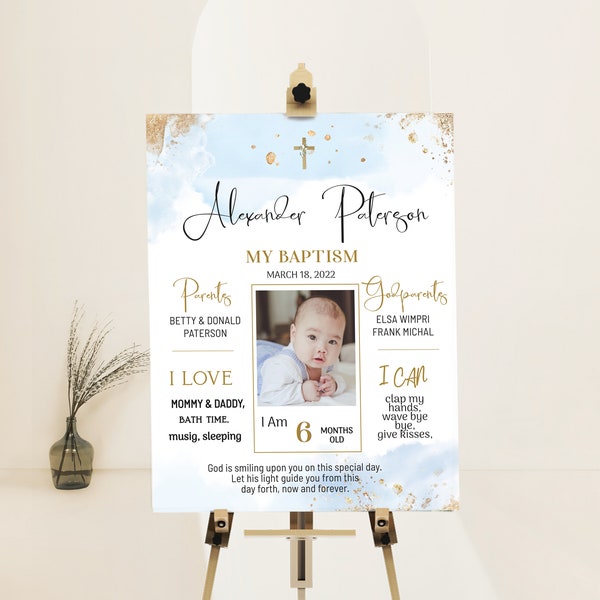 Blue gold baptism milestone template, boy baptism chalkboard sign, first communion chalkboard, christening milestone poster with photo B2b