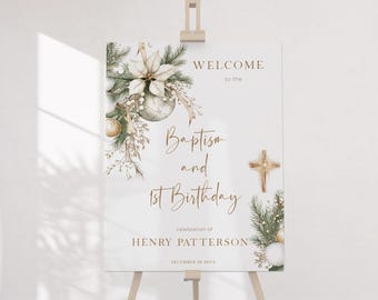 Winter Baptism and 1st Birthday Welcome Sign Template, Christmas Christening Poster Printable, White Poinsettia Welcome Board P296