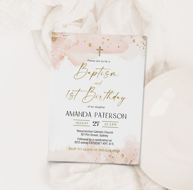 Pink Gold Baptism and 1st Birthday Invitation Template Etsy