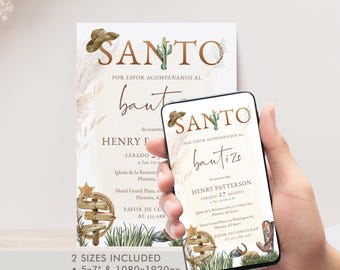 Editable Cowboy Bautizo Invitation Template, Western Desert Theme Baptism Printable, Rustic Pampas Grass and Cactus Evite, P110
