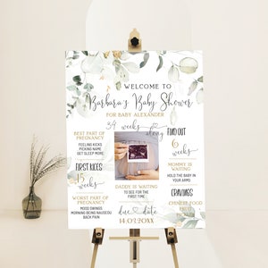 Green gold baby shower milestone sign, pregnancy poster template, editable baby shower milestone board, photo baby shower sign, P52